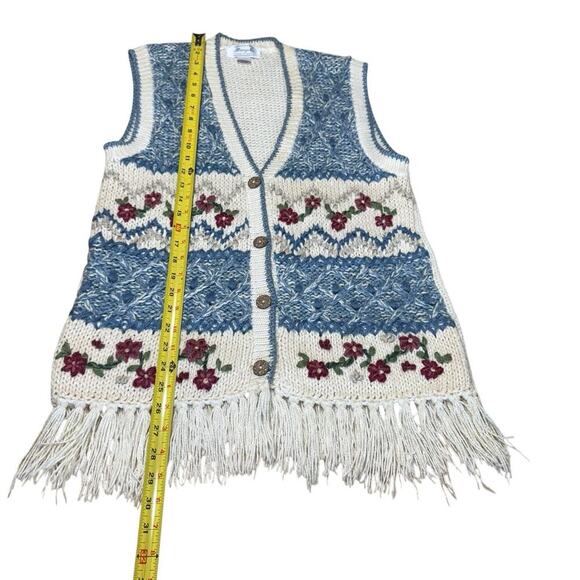 Margules Womens Vest Sweater Cardigan M Blue Knit Boho Fringes Grandmacore - Picture 10 of 10